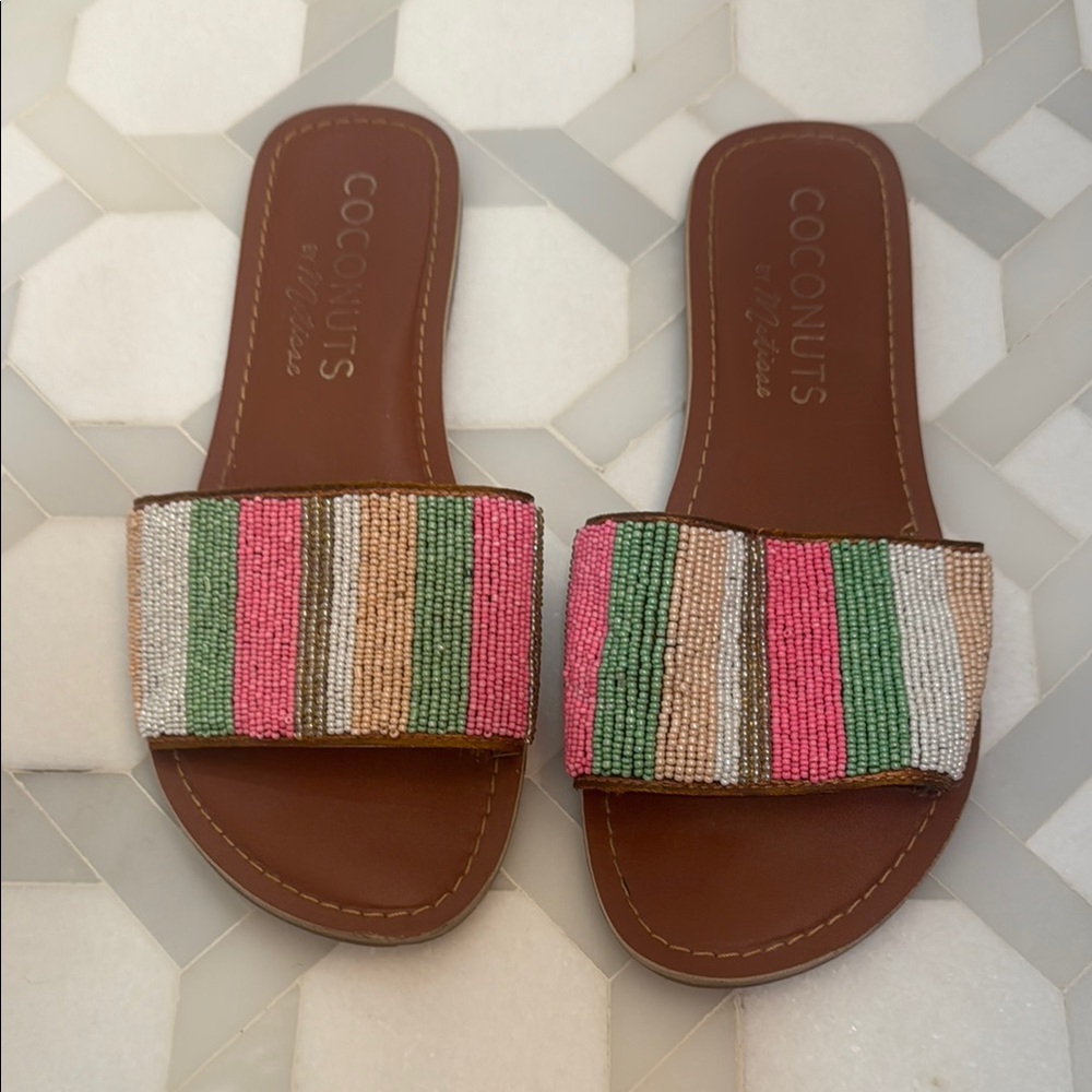 Coconuts by Matisse Beaded Stripe Sandals - Pink, Green, Tan